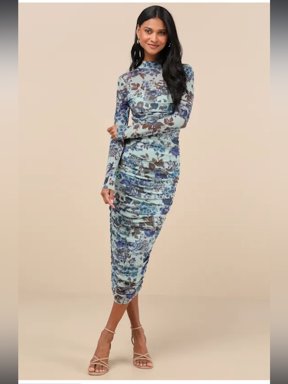 Lulus Blue Floral Mesh Ruched Mock Neck Midi Dress size xs broken zipper